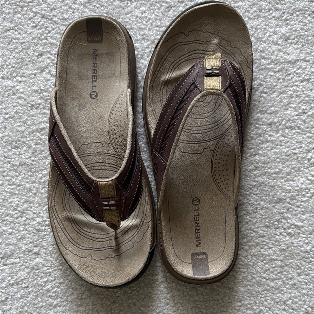 Merrell Men’s Leather Flip Flops Sandals Espresso Size 8 – Worn Once
